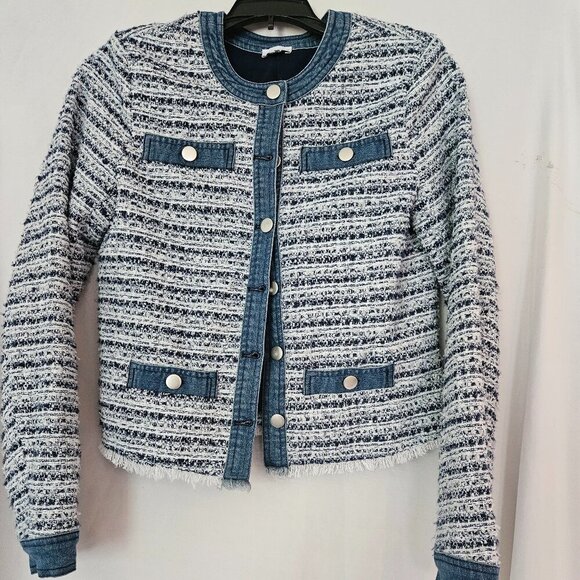 ECRU cropped Jacket Sz XS Denim, Tweed and Fringed - Picture 1 of 10